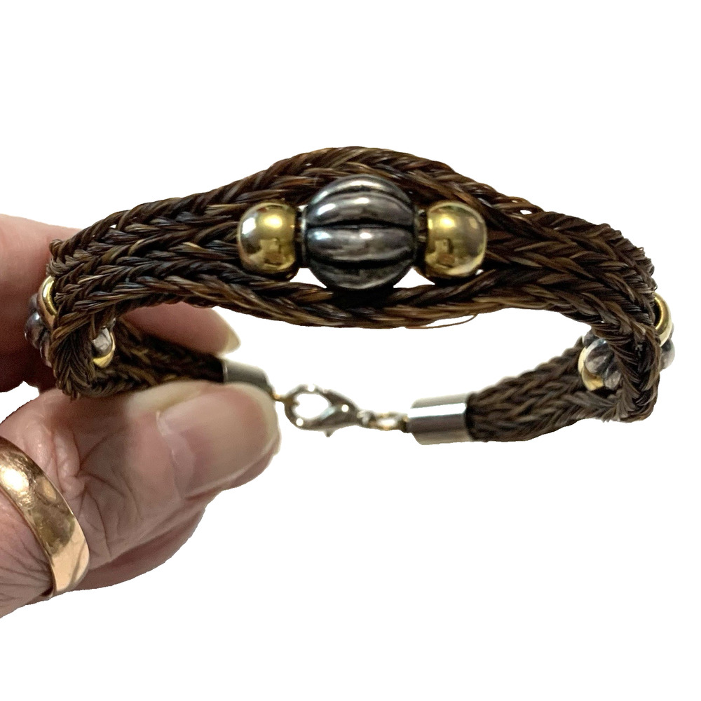 Y2K Braided Horsehair Bracelet Gold Silver Tone Beaded 6.75"